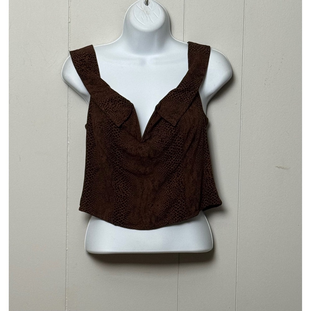 Free People Brown Snakeskin Print Off Shoulder V Neck Smocked Back Crop Top Sz M